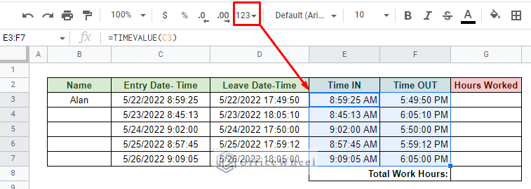 updating the time format for time in and time out to 12-hour